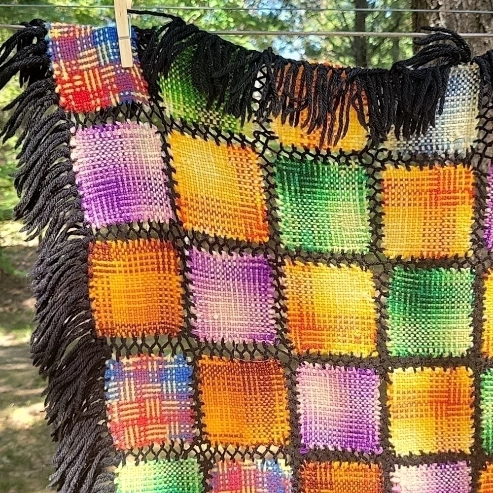 HANDMADE 1970s Rainbow Woven Knit Granny Square Patchwork Wall Throw